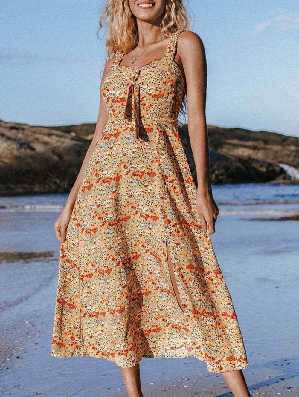 Cupshe Gloria Smocked Knotted Midi Dress Yellow Floral Tie-Front